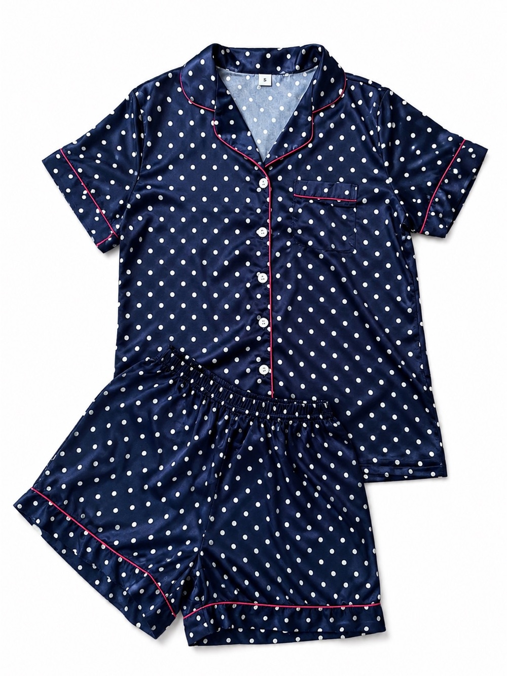 Satin 2 Piece Pajama Set Short Sleeve Top & Shorts S Navy Blue & Red